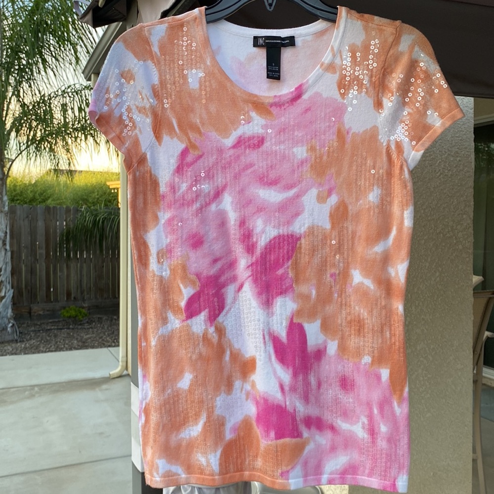 INC top, sequined, rose floral, size S